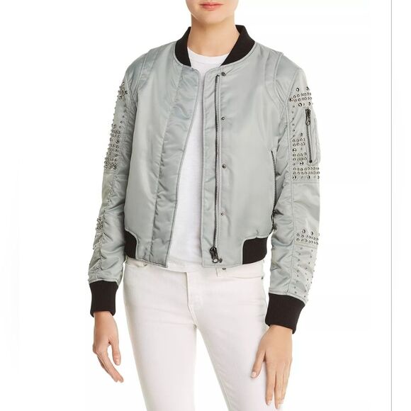 NWT DOMA Blueish Grey Studded Aviator Bomber Jacket Size L - Picture 1 of 6